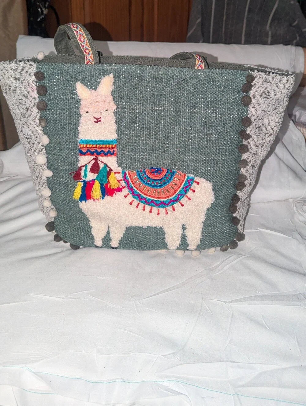 America & Beyond Green Llama Embroidered Tote Bag with Pom Trim